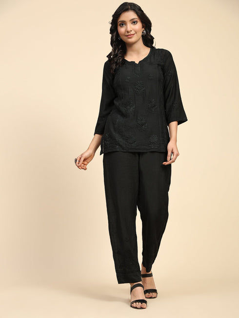 Saba Chikankari Chanderi Silk Kurta Set for Women - Black